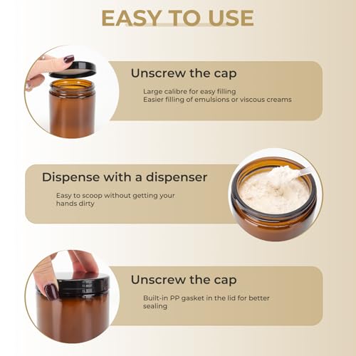 12 Pack 8 oz Amber Round Glass Jars, 240 g Empty Cosmetic Containers with Inner Liners, Black Plastics Lids Glass Jars with Lables for Cosmetics, Face Cream, Lotion, Ointments and DIY Candle3