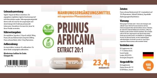 Pygeum Africanum 20000mg Equivalent (100mg of 20:1 Extract) 90 Vegan Capsules, 13% phytosterols, Certificate of Analysis by AGROLAB Germany, High Strength, Gluten and GMO Free