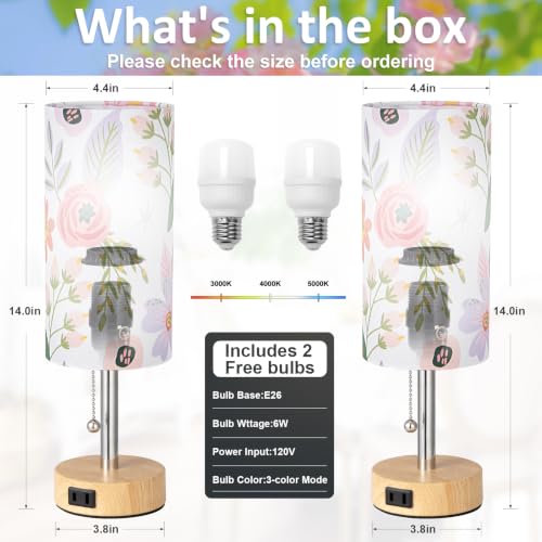 Image of Flower Bedside Table Lamps Set of 2 - Bedroom Lamp for Desk, AC Outlet