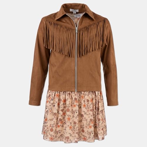 Speechless Girls' Long Sleeve Mesh Dress and Sueded Fringe Jacket2