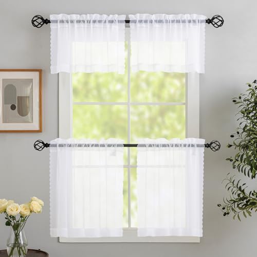 Image of MYSTIC-HOME Sheer White Kitchen Tier Curtains 24 Inch Length Set, Small Window Curtains Treatment for Bathroom /Living Room /Cafe /Basement, Short Voile Curtain Tiers 30in x 24in, Rod Pocket, 2 PCS