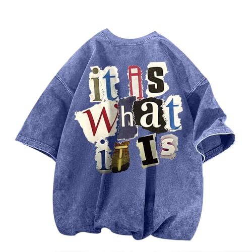 Zoemghc Men's Graphic Tees Funny Letter Print Vintage Oversize T Shirts Acid Wash Shirt Streetwear Rapper Casual Tee Top(Blue,XL)