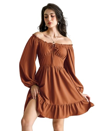 Image of Scarlet Darkness Women's Renaissance Off Shoulder Corset Mini Dress | Puff Sleeve, Lace-Up Front, Smocked, Flowy Fairy, Medieval, Peasant, Cottagecore, for Ren Faire, Pirate, Party, Daily