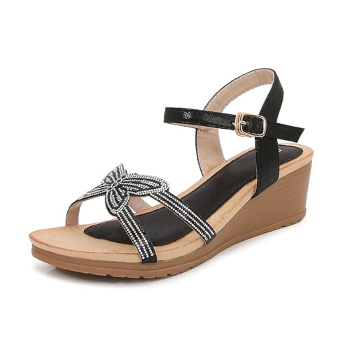 Womens Open Toe Wedge Sandals Toe Open-Toe Flower Low Heel Dressy Ankle Strap Elastic Rhinestone Summer Beach Comfortable Platform Shoe