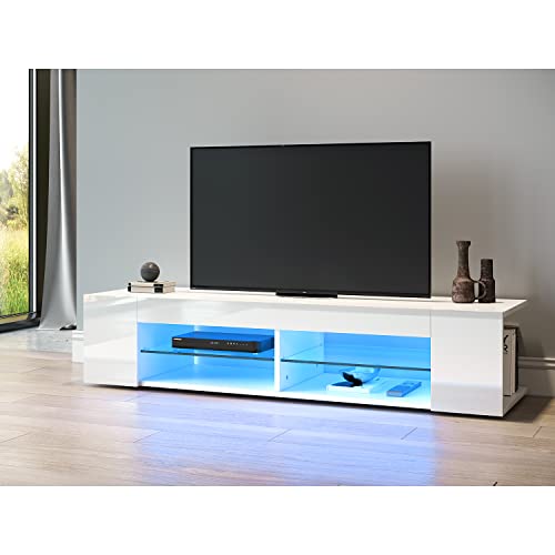 SONNI Mobile Porta TV LED per Soggiorno,Mobile TV Moderno Bianco a Giorno con Ripiani in Vetro e Telecomando e Illuminazione a Orientabile il Colore 135x39x30cm