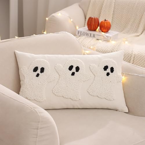Tosleo Halloween Throw Pillow Covers 12x20 inch Set of 2 Halloween White Three Ghosts Embroidered Pillow Cases Thanksgiving Home Party Fall Decor Pillowcases Lumbar Cushion Covers for Spooky Season