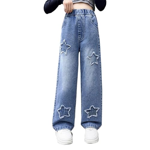 Girls Straight Star Applique Jeans Baggy Elastic Waist Wide Leg Jeans Vintage Y2K Streetwear Aesthetic Teen Clothes