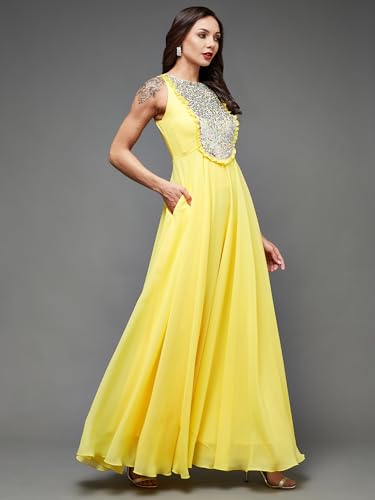 Image of Miss Chase Women's Round Neck Sleeve Embellished Fit Flare Maxi Dress