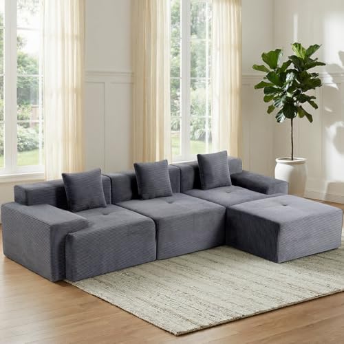 Image of 119'' Modular L-Shaped Boneless Sectional, Corduroy Deep Seat Cloud Sectional Couch, Small Space Sofa for Apartment Living Room Bedroom, No Assembly, Grey