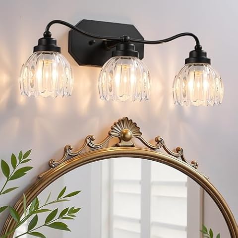 CmnVmn Vintage Bathroom Light Fixtures, 3 Light Bathroom Vanity Light, Black Matte Antique Brass Finish with Crystal Glass Shade, Mid Century Wall Sconces for Bedroom, Living Room, Hallway Cover