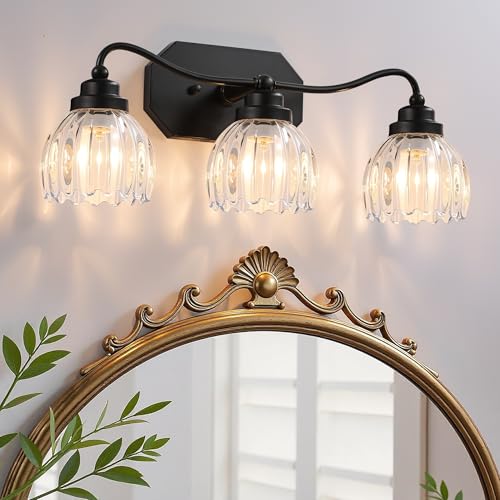 Image of Vintage Bathroom Light Fixtures, 3 Light Bathroom Vanity Light, Black Matte Antique Brass Finish with Crystal Glass Shade, Mid Century Wall Sconces for Bedroom, Living Room, Hallway