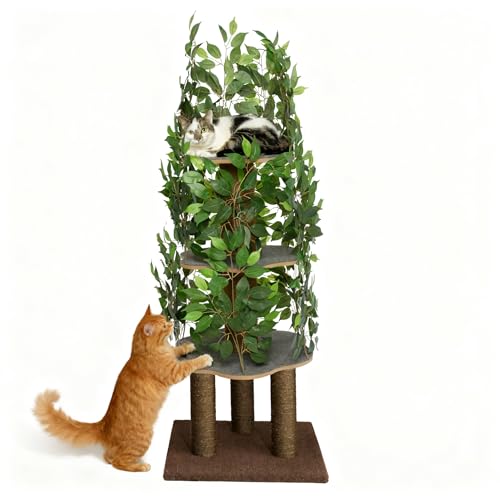 Cat Tree with Leaves – Stable & Space-Saving Design – 4 Scratch Levels & 5 Scratching Posts – for Climbing, Hiding and Sleeping – Easy to Assemble – Durable Cat Trees for Indoor Cats – Natural Look