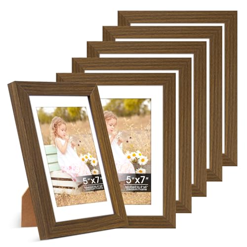 Image of 6 Pack 5x7 Frames, Mat for 4x6 Photos, Shatter HD Plexiglass | Removable mat fits two photo sizes, slim frame with stand for horizontal & vertical tabletop & wall mount
