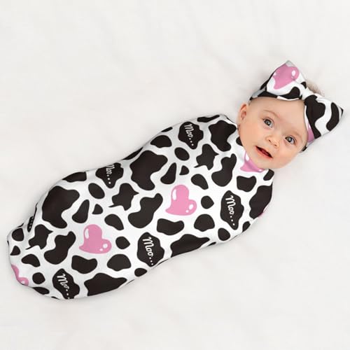 Image of Cow Print Pink Heart Baby Stuff Swaddle Blanket Wrap Baby Newborn Blanket Soft Sleep Sack Stretchy with Headband Hat Set Gift for Infant Boy Girl