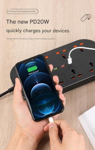 Image of 12 in 1 Universal Extension Board with 8 Sockets 3 USB Ports, 1 PD Type-C Fast Charging | 3000W Heavy Duty Power Strip with Switch | 6 Ft Extension Cord for Home Office TV Computer Mobile