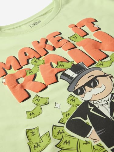 Image of The Souled Store Official Monopoly: Make It Rain Men and Boys Short Sleeve Round Neck Green Graphic Printed Cotton Oversized T-Shirts