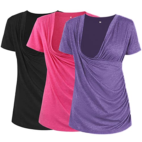 Image of Liu & Qu Women's Maternity Nursing Tops, Layered Wrap for Breastfeeding, V-Neck Short Sleeve Tee Shirts 3 Packs