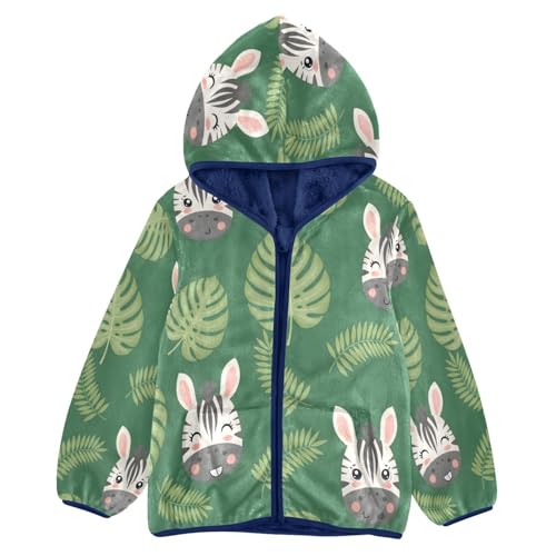 Zebra Faces and Green Leaves Toddler Fleece Jacket Girl Boys Hooded Fleece Jacket Coat Warm Outwear Zip-up 3-10T