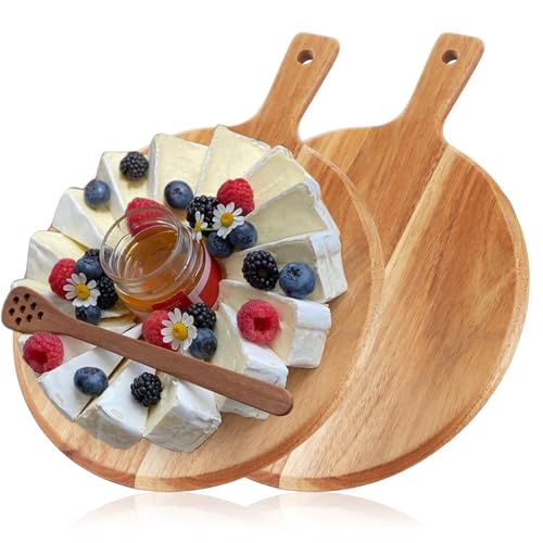 WOPPLXY 2 PCS Wood Pizza Boards, 12Inch Wooden Chopping Boards Charcuterie Board, Round Pizza Paddle Cutting Serving Board with Handle for Cheese, Bread, Fruits