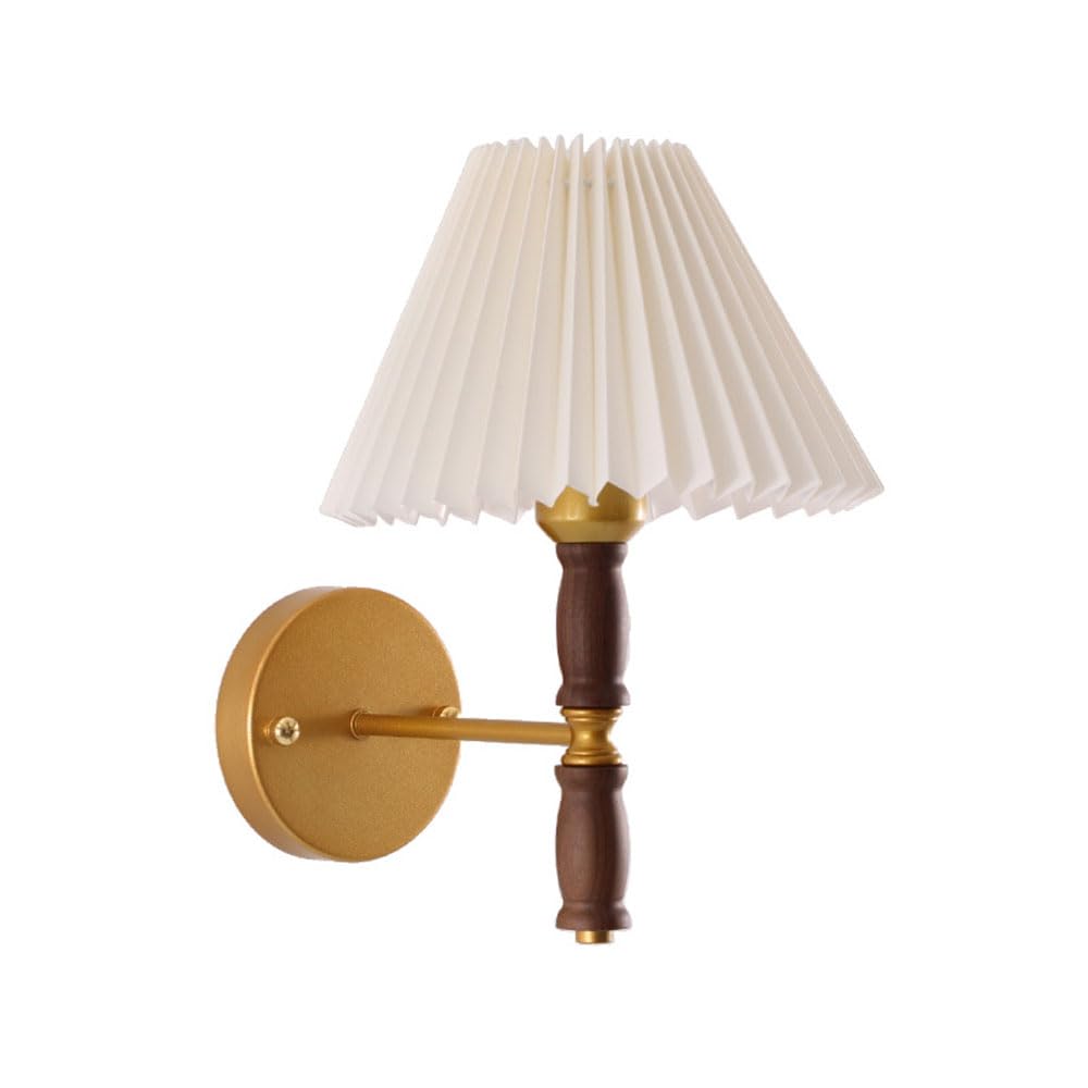 ICEMOB Retro plisowana tkanina, kinkiet LED, korpus orzecha włoskiego z mosiężną głowicą lampy, lampa nocna do sypialni w stylu kremowym