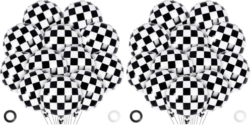 Image of 12 Pcs Checkered Balloons, 18 Inch Checkered Racing Foil Balloons, Black and White Checkerboard Mylar Balloons for Race Car Birthday Party Supplies Decorations (Pack of 2)
