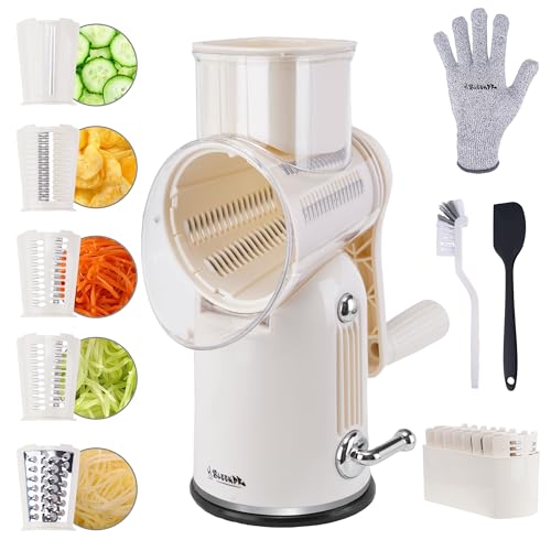 Comparison: Best Hand Crank Cheese Grater 9 SLEEKDR 5 in 1 Rotary Cheese Grater Vegetable Slicer with Handle - Upgraded Hand Crank Cheese Grater with Handle and Strong Suction Base, Multi-Purpose Vegetable Slicer with 5 Well-Designed Blades