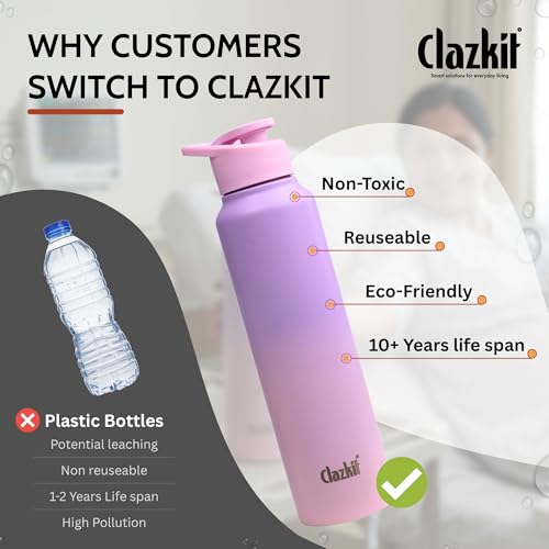 Image of Clazkit Dual Colored Stainless Steel Water Bottle |ISI Certified Leakproof, Durable for School Kids, Fridge, Sports, Gym, Yoga & Office - Easy to Clean & Reusable-1000ml - Pink