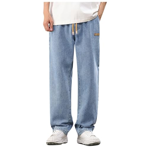 DUHENWU Pantalones vaqueros para hombre anchos y holgados, cintura elástica, pantalones de jogging con cordón, pierna ancha, pantalones deportivos largos con bolsillos, pierna recta, pantalones de
