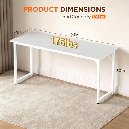 Image of PayLessHere | 63 Inch Computer Desk | White | Office Desk with Metal Frame, Adjustable Feet | Water-Resistant, Scratchproof Surface | Sturdy Writing Table for Home Office or Study | Pack of 1