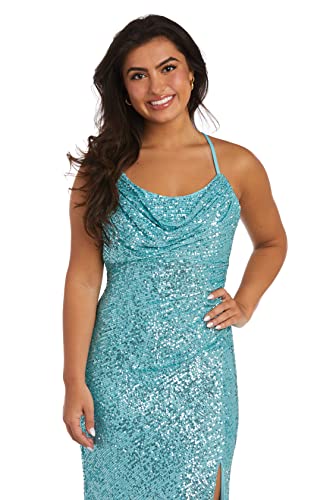 Image of Nightway Juniors' Long Sequin Cowl Neck Gown W /Cross-Back Spaghetti Straps & Side Slit - Prom Cocktail Party