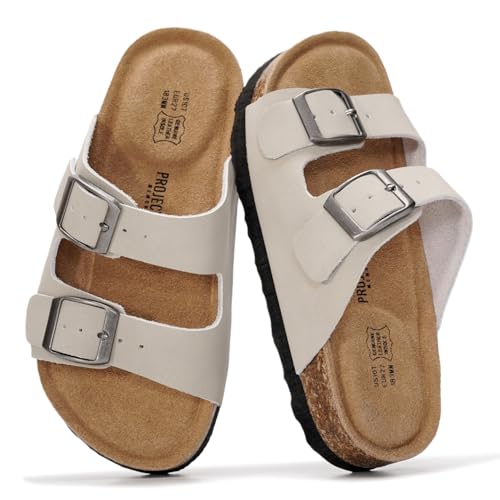 Image of Project Cloud Kids Sandals 100% Genuine Leather - Natural Cork Footbed Non-Slip Slides for Kids - Lightweight Boys & Girls Sandals - Water-Resistant Girls & Boys Sandals