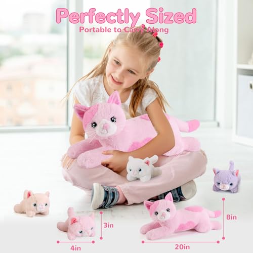 Image of 5 Pieces Cat Stuffed Animals with Babies Inside Belly - 1 Mommy Stuffed Cat with 4 Kittens - Stuffed Kitty Plush Toys for Kid Age 3-8, Gift Ideal for Christmas, Valentine's, Birthday (Pink)