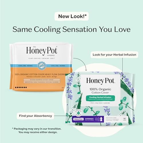 Image of The Honey Pot Company - Herbal Sanitary Pads for Women - Heavy Flow Overnight w /Wings - Infused w /Essential Oils for Cooling Effect & Organic Cotton Cover - Feminine Care - 16 ct
