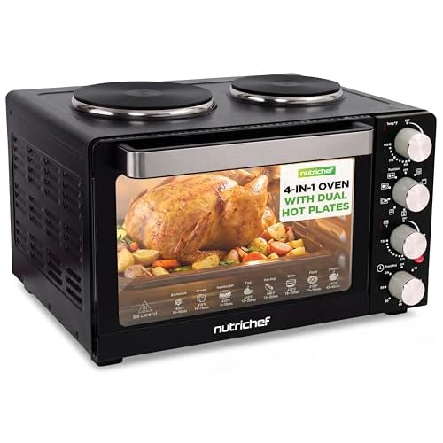 NutriChef 30 Quart Kitchen Convection Oven & 2 Burner Cooker – 1500 Watt Oven – 7 Cook Functions Rotisserie, Cook, Bake, Broil & More – Includes Baking Tray, Skewers & Handles – 19.6 x 16.0 x 13.5 IN