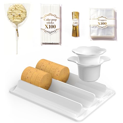 Cake Pop Mold Set with Stand Tray – 3-in-1 Cake Pop Maker Kit with Cutter, 100 Paper Sticks, 100 Bags & Ties, DIY Dessert Tool for Birthday, Wedding & Party