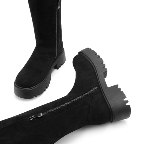 DREAM PAIRS Women's Platform Over The Knee Boots Lug Sole Round Toe Thigh High Long Chunky Block Heels Fall Boots,Size 9,Black-Suede,SDOB2309W