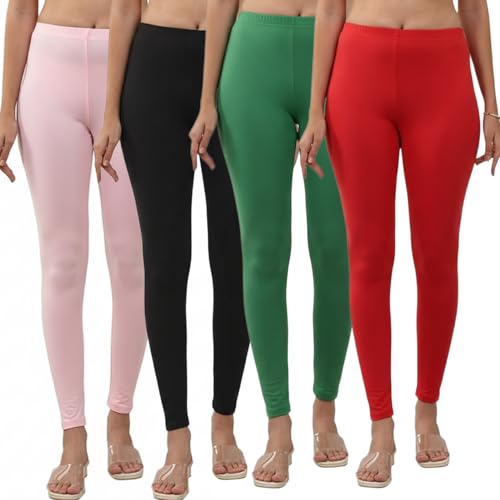 Image of Volex Women and Girls Full Length Leggings | Cotton Spandex /Elastane 4 Way Stretchable | Casual Slim fit Ultra Soft Leggings-Pack of 4