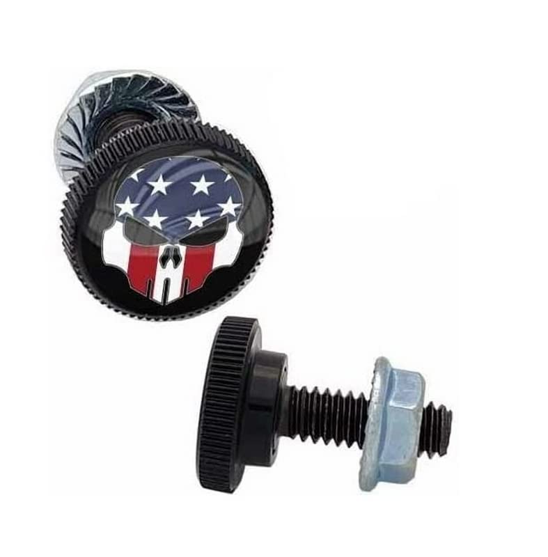 2 SM Black Knurled - License Plate Frame Fastener Tag Bolts - USA Skull G B Style-9856-3142