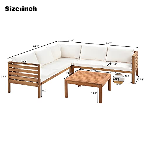 Merax 4 Pieces Patio Conversation Sets, Outdoor Wooden Sectional Sofa Coach With Cushions And Coffee Table, Beige #TOP6