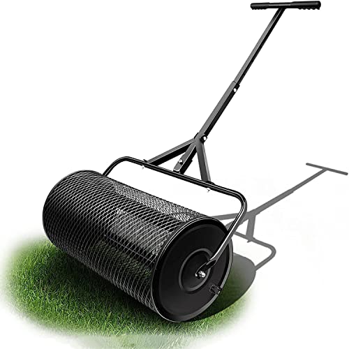 OSBELE Esparcidor de estiércol de 27 x 12,5 Pulgadas, esparcidor de abono, Rodillo de turba para césped y jardín con Cierres Laterales, Cesta de Malla de Acero con Recubrimiento en Polvo para espar