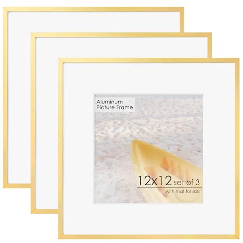 FLYJOE 12x12 Frame - Metal Square Picture Frame With Plexiglass 12x12 Frame With Mat for 8x8 Minimalist Modern Poster Frame Hanging Hardware Included (Gold, 3Pcs)