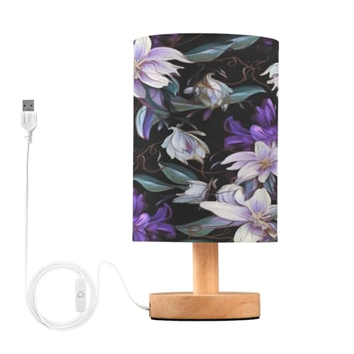 SDMKA Purple Flower Black Bedside Table Lamp for Bedroom, Minimalist Nightstand Lamp with Round Fabric Shade for Living Room, Office, No Bulb Required