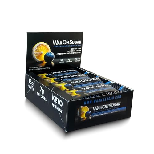 War on Sugar Lemon Blueberry - High Protein Bars, No Sugar Added, 15g Protein, 7g Net Carbs, Keto Friendly, Gluten Free, All-Natural Ingredients, Monk Fruit Sweetened, No Crash - 12 Count Box