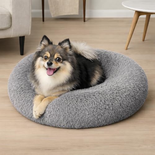 Image of ZEXSAZONE Summer Grey Plush Dog Bed - Anti-Anxiety Round Donut Pet Bed with Raised Edges | Soft Faux Fur Calming Bed for Puppies, Cats & Small Dogs | Machine Washable