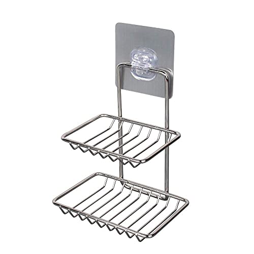 Royal Brothers Wall Mounted Double Layer soap Dish Holder Stainless Steel Wall Hanging Soap Storage Rack for Kitchen Bathroom-with Self Adhesive Magic Sticker (Stainless Steel)