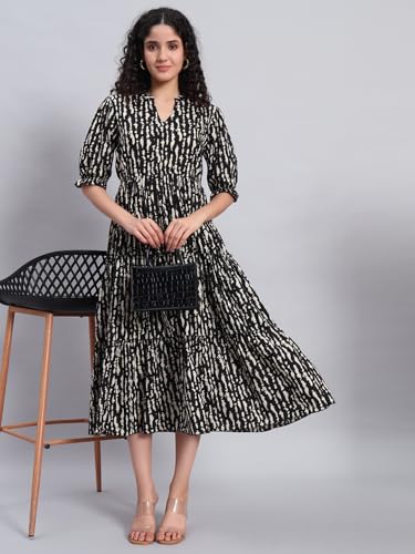 Image of PIDAVLIYA'S Women's Floral Summer Maxi Dress I Cotton Printed I One Piece Bodycon Midi Dress with V-Neck, Puffed Sleeves