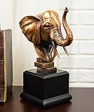 Ebros African Long Tusked Elephant with Trunk Raised Head Bust Statue in Bronze Electroplated Resin...