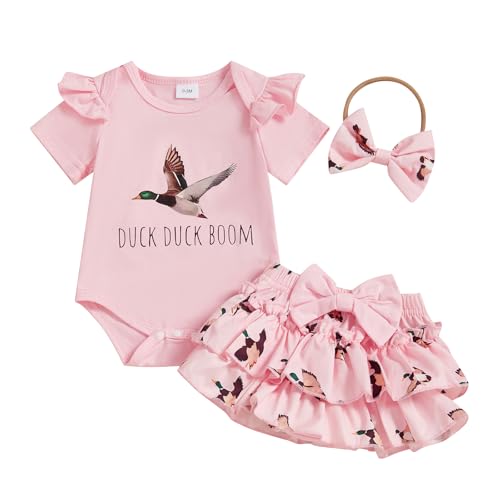 Hunting Baby Girl Clothes Mallard Duck Embroidery Short Sleeve Romper Ruffle Tutu Shorts Set Newborn Summer Outfit