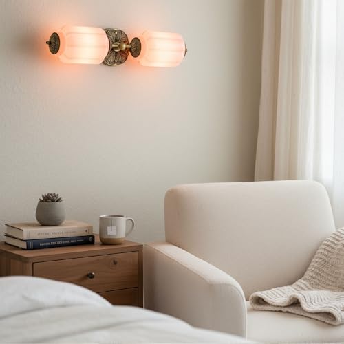 Image of Vintage Vanity Light - 2-Light Wall Sconce with Brass Finish Base & Green Glass Shade - Wall Sconce Lighting for Mirror, Kitchen, Living Room, Gallery (Bulbs Included) (Pink)