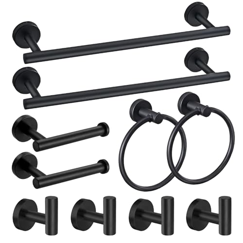 JUSTHERE 10 Pieces Matte Black Bathroom Hardware Set, Bathroom Accessories Stainless Steel Wall Mounted, Including 16